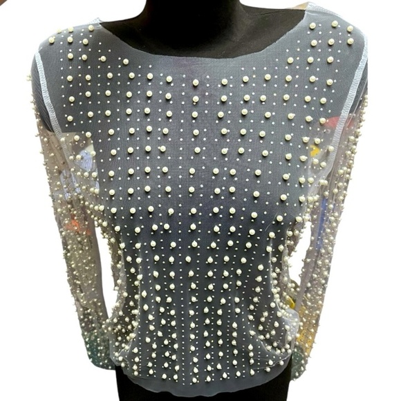 Haute Monde Sheer beaded long sleeve Shirt Pearls Women’s SZ L - Picture 1 of 4